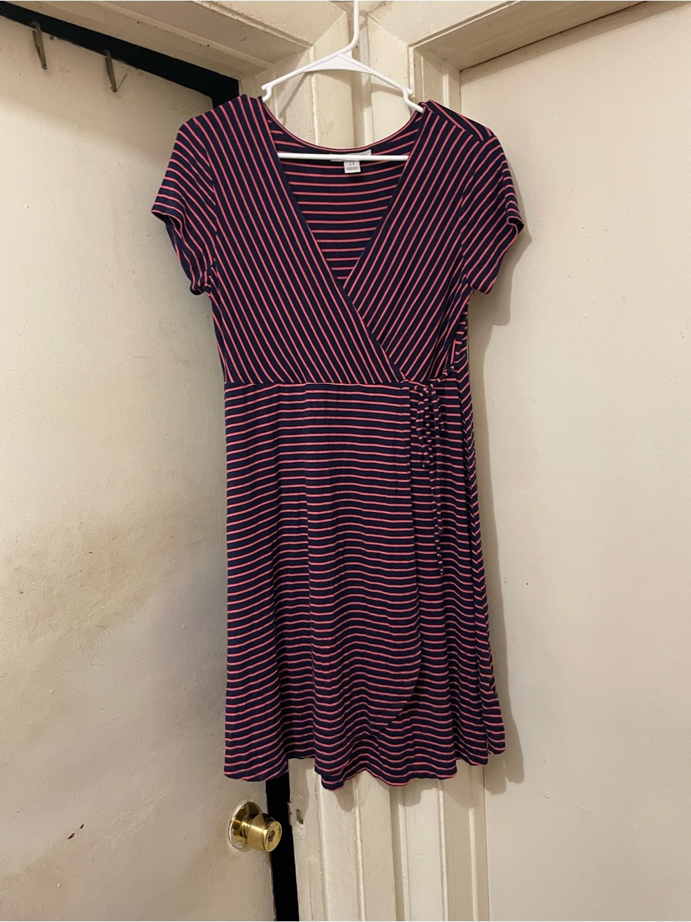 Motherhood Maternity Striped Faux Wrap Dress Pink Navy Short Sleeve Size M